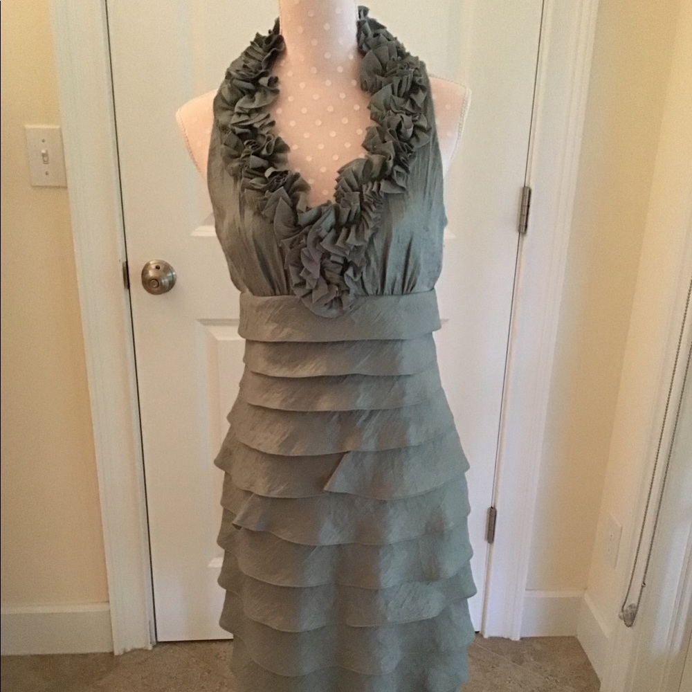 London Times silver ruffle cocktail dress